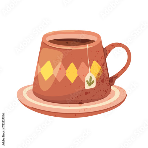 Hot tea drink in mug or cup. Vector isolated warm morning beverage with fragrant herb. Black or green brew for cafe or home. Relaxing and pause, break element. Seasonal, winter and autumn liquid.