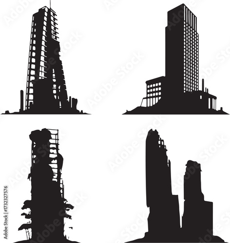 Ruined buildings silhouettes destruction architecture