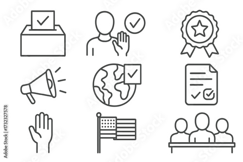 Election and voting thin line icon set. Political process and democracy concept. Includes ballot box, voter, USA flag, referendum, and candidate symbols for web and apps.