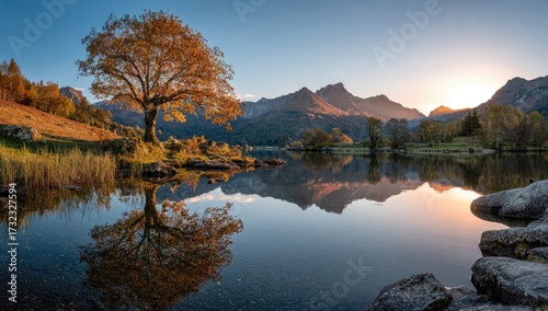 Autumn scene Tree & mountains mirrored in calm lake, golden hour glow