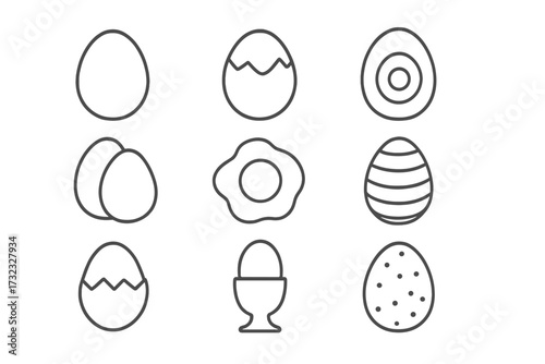 Egg icon set thin line style vector. Breakfast food symbols. Fried, boiled, cracked and Easter eggs for web design, apps, infographics. Outline graphic elements.