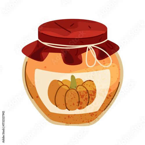 Vector icon of pumpkin jam in glass jar. Symbol for homemade seasonal or autumn food. Vegetable dessert for thanksgiving. Culinary and cooking recipe element. Product container for natural nutrition.