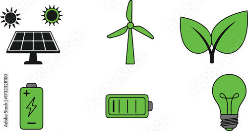 Eco Energy Solar Panel Wind Turbine Battery Light Bulb Icons Set