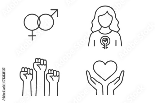 Feminism and gender equality icon set. Vector line symbols of female power, solidarity protest, love and support. Woman rights movement and relationship signs for web design.