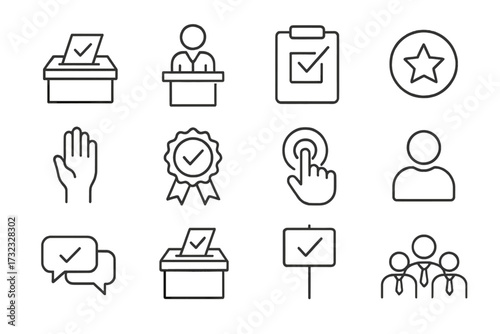 Election and voting thin line icon set. Vector symbols for politics, democracy, campaign, and ballot box. UI UX linear pictogram collection for web, mobile apps and infographics.