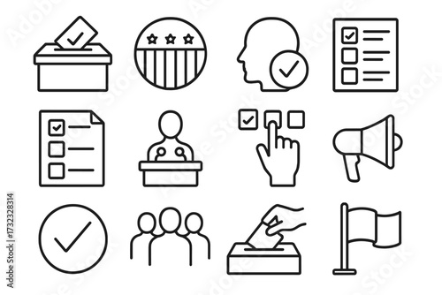 Election and voting line icon set. Political campaign and democracy symbols. Vector collection of ballot box, poll, vote, and government signs for web, app, and infographics.