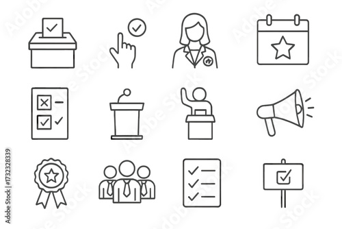Election and voting thin line icon set. Political campaign, democracy, and government symbols. Vector pictograms for web, apps, and infographics. Ballot, candidate, debate icons.