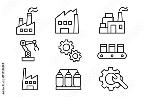 Manufacturing and industry vector icon set. Thin line symbols of a factory, production, automation, and machinery. Concepts for engineering, assembly line, industrial process.