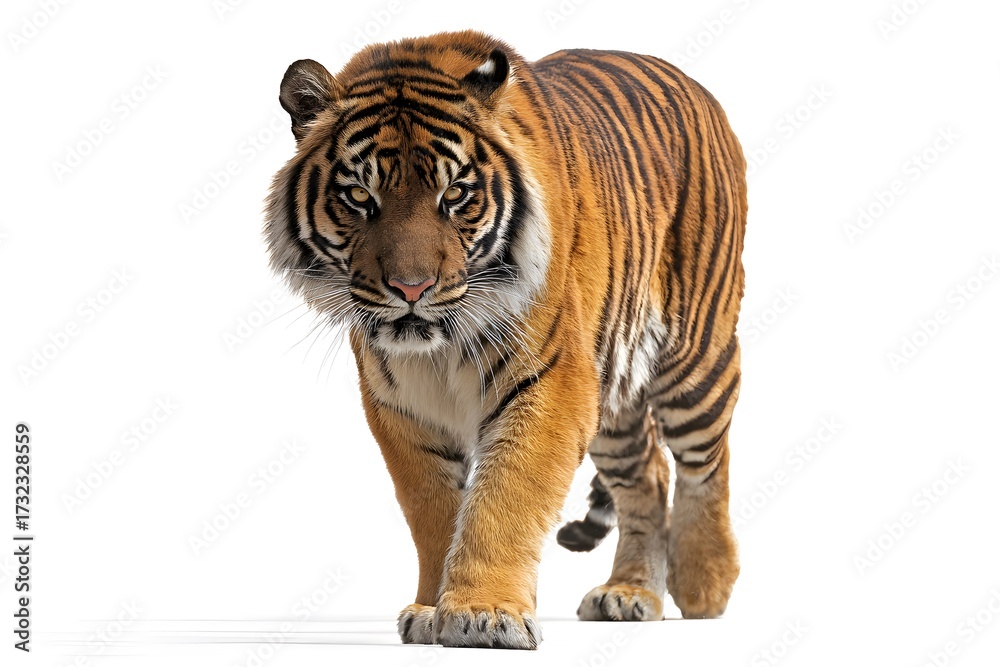 Fototapeta premium A tiger walks forward with power and intent against a clean background.