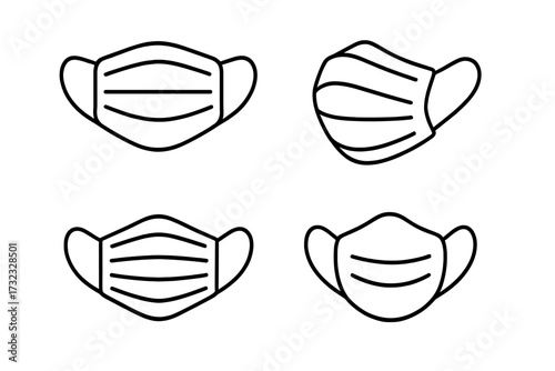 Medical face mask icon set. Line art vector graphic. Health care safety symbol. Protection from virus, pandemic, flu, dust. Surgical mask for quarantine, medical design.