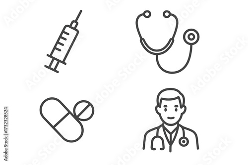 Medical and healthcare line icon set. Simple outline symbols: syringe, stethoscope, pills, doctor. Vector graphics for web design, mobile apps, UI, UX and infographics.
