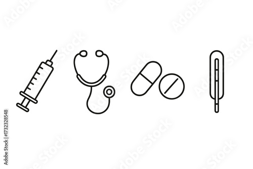 Medical icon set. Syringe, stethoscope, pills, and thermometer line art symbols. Healthcare, hospital, and pharmacy vector collection for web, apps, and infographics design.