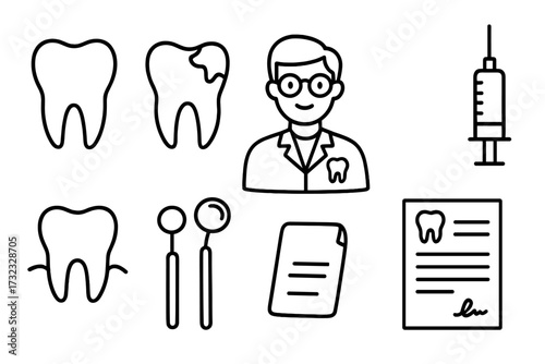 Dentist icon set simple line art. Dental care, stomatology symbols. Tooth, caries, doctor, syringe, prescription, and instruments vector graphic for web and print design.