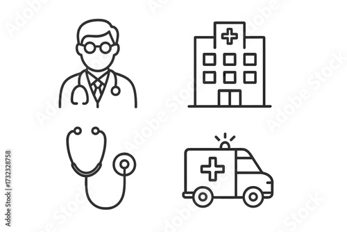 Medical icon set with doctor, hospital, stethoscope, ambulance. Thin line icons for healthcare, emergency, clinic. Vector outline symbols for web, mobile app, UI, UX, infographic.