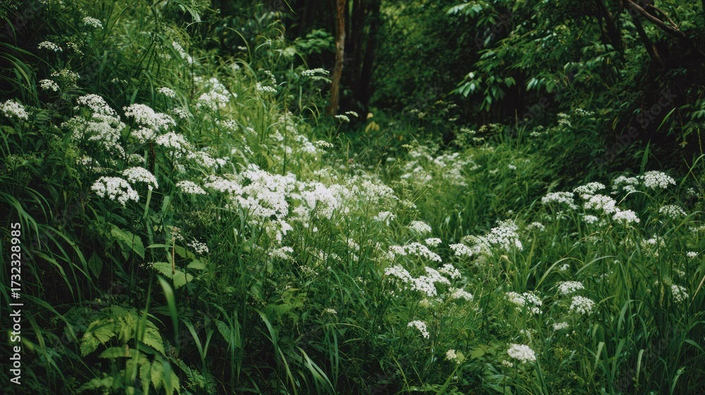 Fototapeta premium Lush green meadow with white flowers