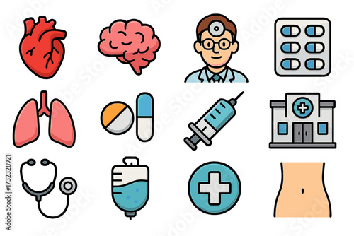 Healthcare icon collection. Medical and hospital cartoon symbols. Line icons with color. Doctor, organs, pills, syringe, clinic, stethoscope. For web, mobile app, UI, UX.