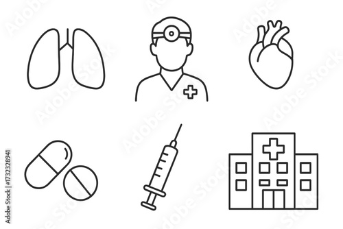 Simple linear hospital icons set with medical organs heart lungs, doctor with helmet, pills, syringe, clinic building for healthcare cards posts apps and web design vector