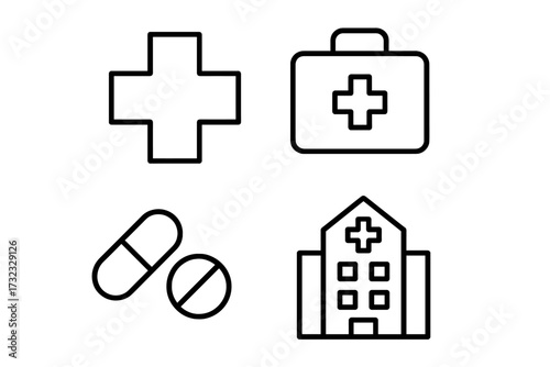 Medical cross symbol, first aid suitcase, pills and hospital building outline icons set, healthcare and treatment vector signs, editable stroke for infographics, flyers, banners, medical articles