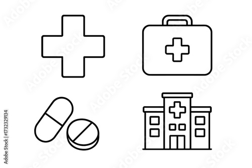 Medical cross, first aid suitcase, pills, hospital building and treatment icons set. Editable stroke vector collection for infographics, articles, healthcare flyers, banners, and medical design.
