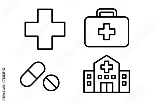 Medical cross symbol, first aid kit, pills icon, hospital building, healthcare and medical treatment vector collection, editable stroke, perfect for infographics, articles, health flyers, banners