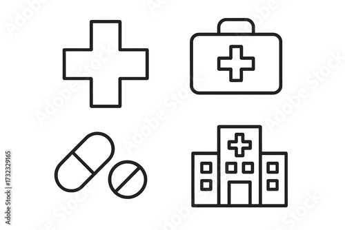 Medical cross symbol, first aid kit suitcase, pills and hospital building icons collection, editable stroke healthcare vector, treatment and medicine concept for infographics and articles