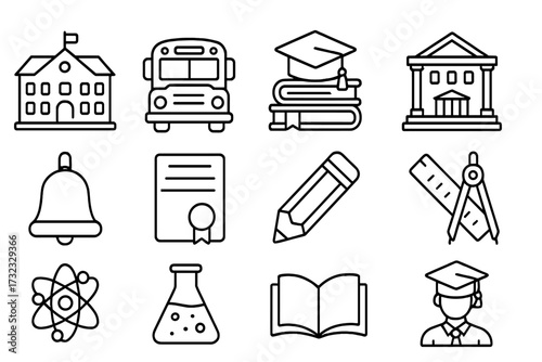 School, college, university education icons collection. Editable outline stroke vector set with graduation cap, bus, diploma, books, science symbols, pencil for infographics, articles, flyers