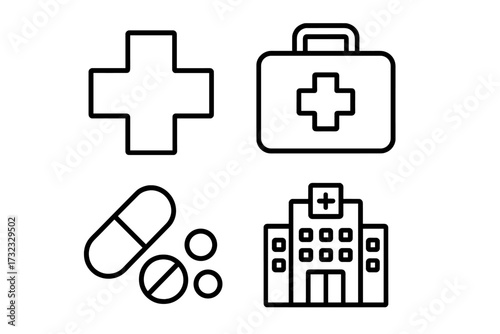Medical cross symbol, first aid suitcase, pills and tablets, hospital building, treatment and healthcare outline vector set, editable stroke collection for medical infographics and designs