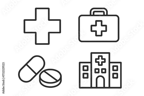 Medical cross icon, first aid suitcase, pills and hospital building outline set, healthcare treatment symbols, editable stroke vector, medical infographic elements