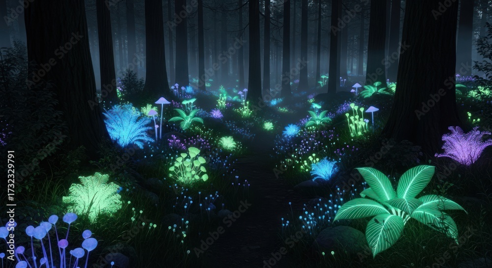 Fototapeta premium Enchanted Forest with Bioluminescent Plants and Glowing Flora at Night.