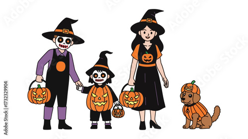 Halloween Family Fun: A heartwarming illustration captures a family dressed in Halloween costumes. With smiles, they gather, ready for a night of trick-or-treating adventure.