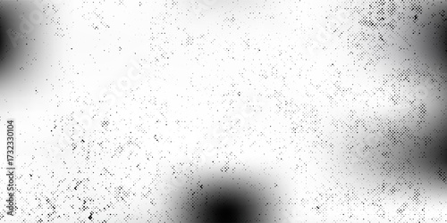 Grunge halftone gradient background. Faded grit noise texture. White and black sandy wallpaper. Retro pixelated backdrop. Anime or manga style comic overlay. Vector graphic design textured template
