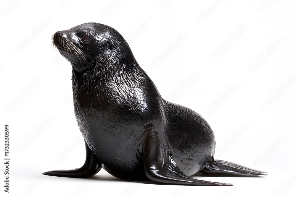 Fototapeta premium Seal sits looking up and to the side.