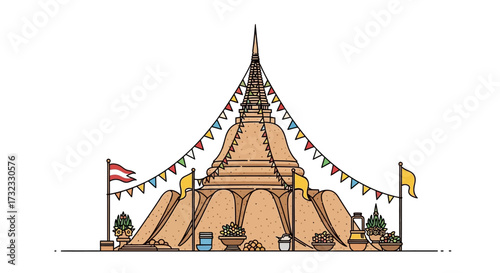 A Serene Buddhist Pagoda Decorated With Colorful Flags and Bunting, Evoking a Sense of Celebration and Cultural Heritage in a Minimalist Style Illustration
