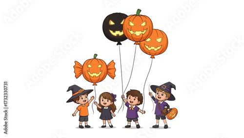 Halloween Kids and Balloons: A group of children joyfully celebrate Halloween, each clutching a festive balloon, their eyes sparkling with excitement and wonder. 