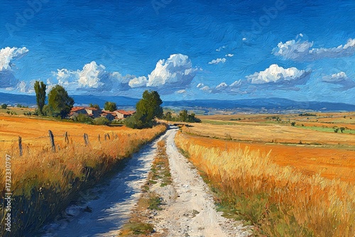 Winding Road Through Golden Fields Under a Vivid Blue Sky Generative AI