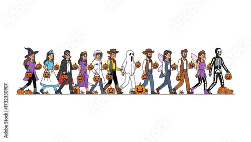 Halloween Parade: A diverse procession of people dressed in an assortment of captivating costumes, each holding a pumpkin-shaped candy bucket, embarking on a spirited journey on the eve of Halloween.