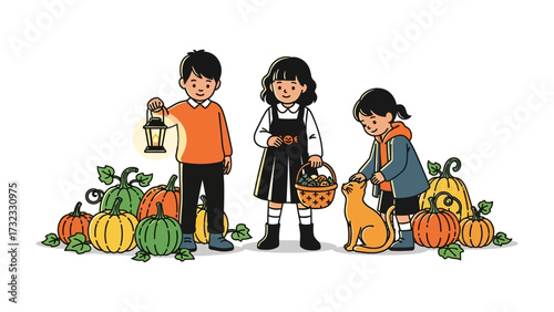 Harvest Gathering: Three children joyfully participate in the harvest season, surrounded by pumpkins, lantern, and a cat.