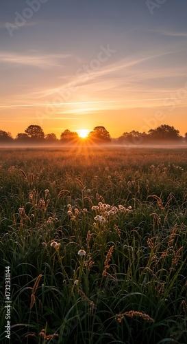 A sunrise paints a golden glow across a field of wildflowers and tall grasses, bathed in soft morning light.