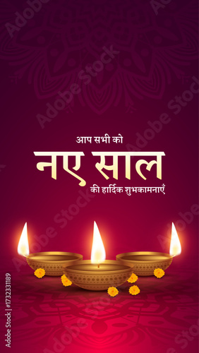 Nutan Varshabhinandan', meaning 'Happy New Year' in Hindi language, India. Indian festival of lights, even called Diwali. Nutan varshabhinandan and Saal Mubarak Post Template in Hindi and Gujarati.