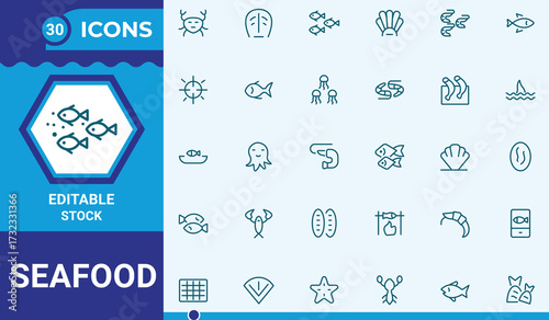 Minimalist seafood vector icons set. Restaurant items icons. Ocean animals vector design and white background. Editable stroke. 