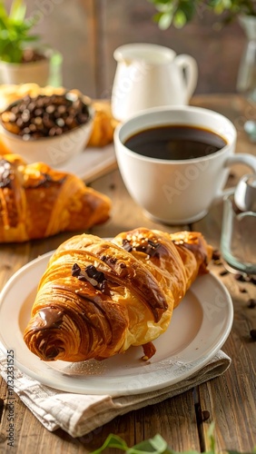 A delicious-looking croissant and coffee breakfast scene