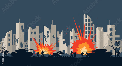 City under attack with explosions in skyline