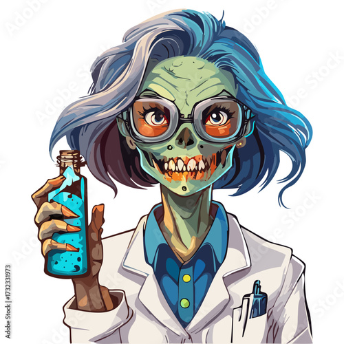 cartoon illustration of a female zombie scientist. She has teal hair, wears a lab coat and glasses, and sports a ghoulish green face with a wide, toothy grin.