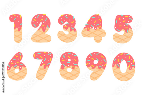 Strawberry sauce ice cream numbers clipart with sprinkles, cute birthday decoration