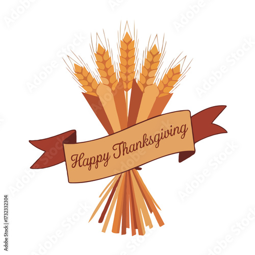 Happy thanksgiving wheat sheaf with ribbon isolated on white background