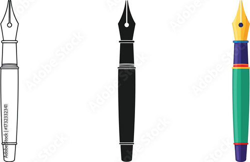 Outline silhouette and colorful fountain pen illustrations on white background writing instrument