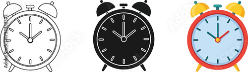Three alarm clocks one outline one silhouette one colored time vintage clock