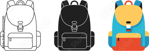Three backpack icons line art silhouette and flat design rucksack symbol