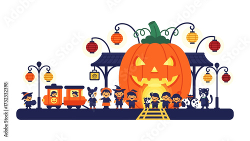 Halloween Train Stop: Children in costumes gather with festive decorations, eagerly anticipating the holiday with spooky imagery.