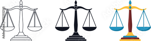 Three scales of justice icons outline silhouette and color balance scale justice symbol